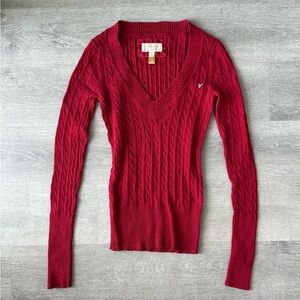 Y2K American Eagle Red V-Neck Cable Knit Sweater